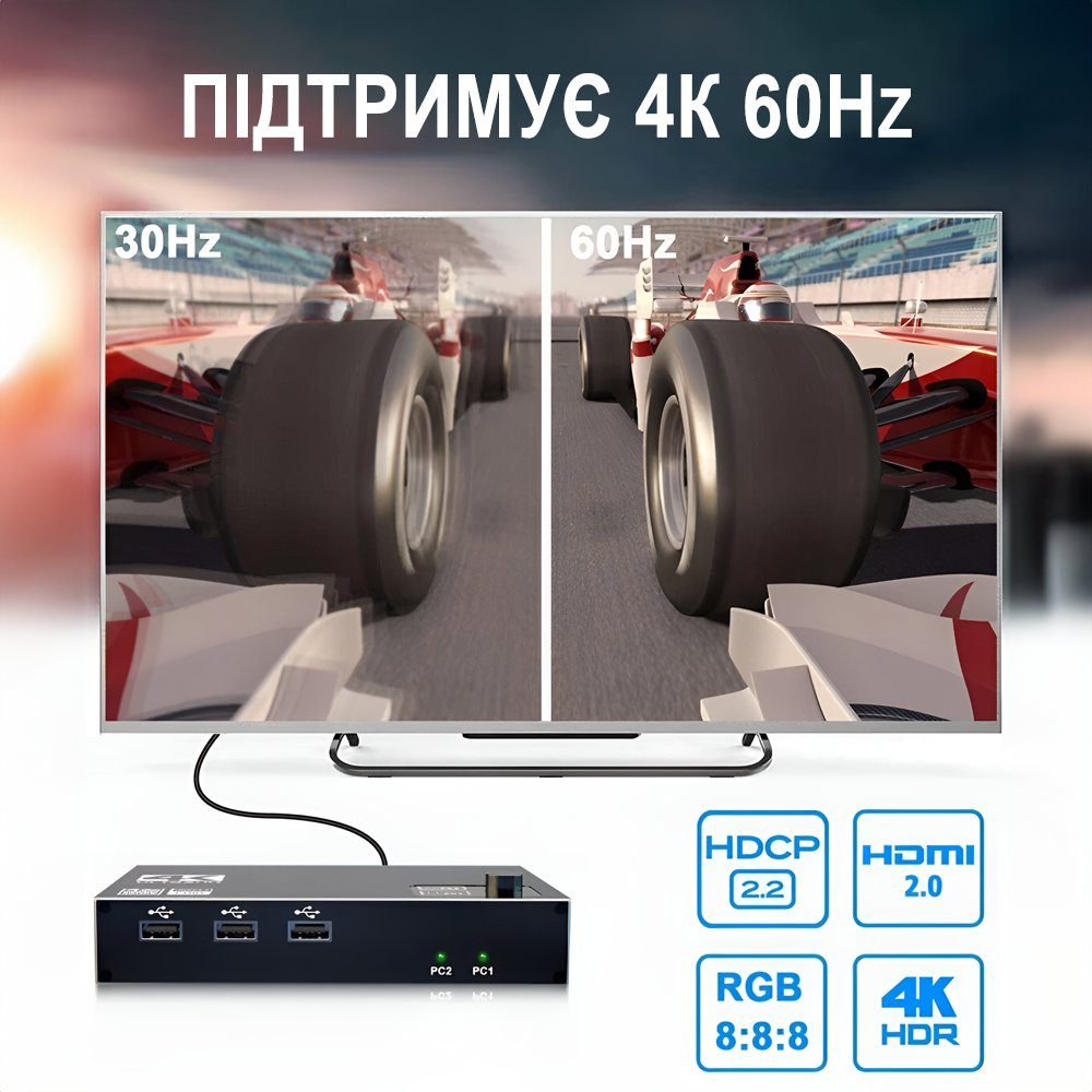 KVM-перемикач на 2 комп'ютери Addap KVMS-01 | 2 портовий kvm свіч, USB, HDMI, 4K, 60Гц 8