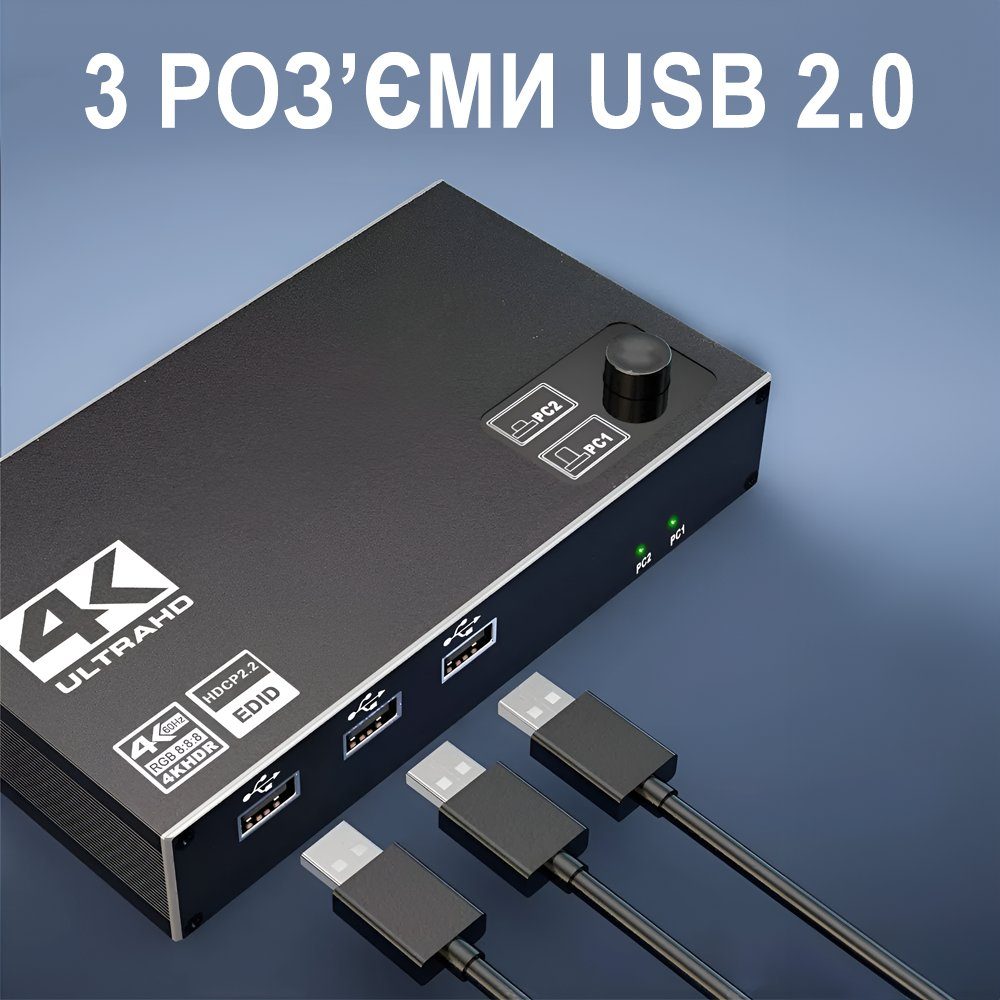 KVM-перемикач на 2 комп'ютери Addap KVMS-01 | 2 портовий kvm свіч, USB, HDMI, 4K, 60Гц 5