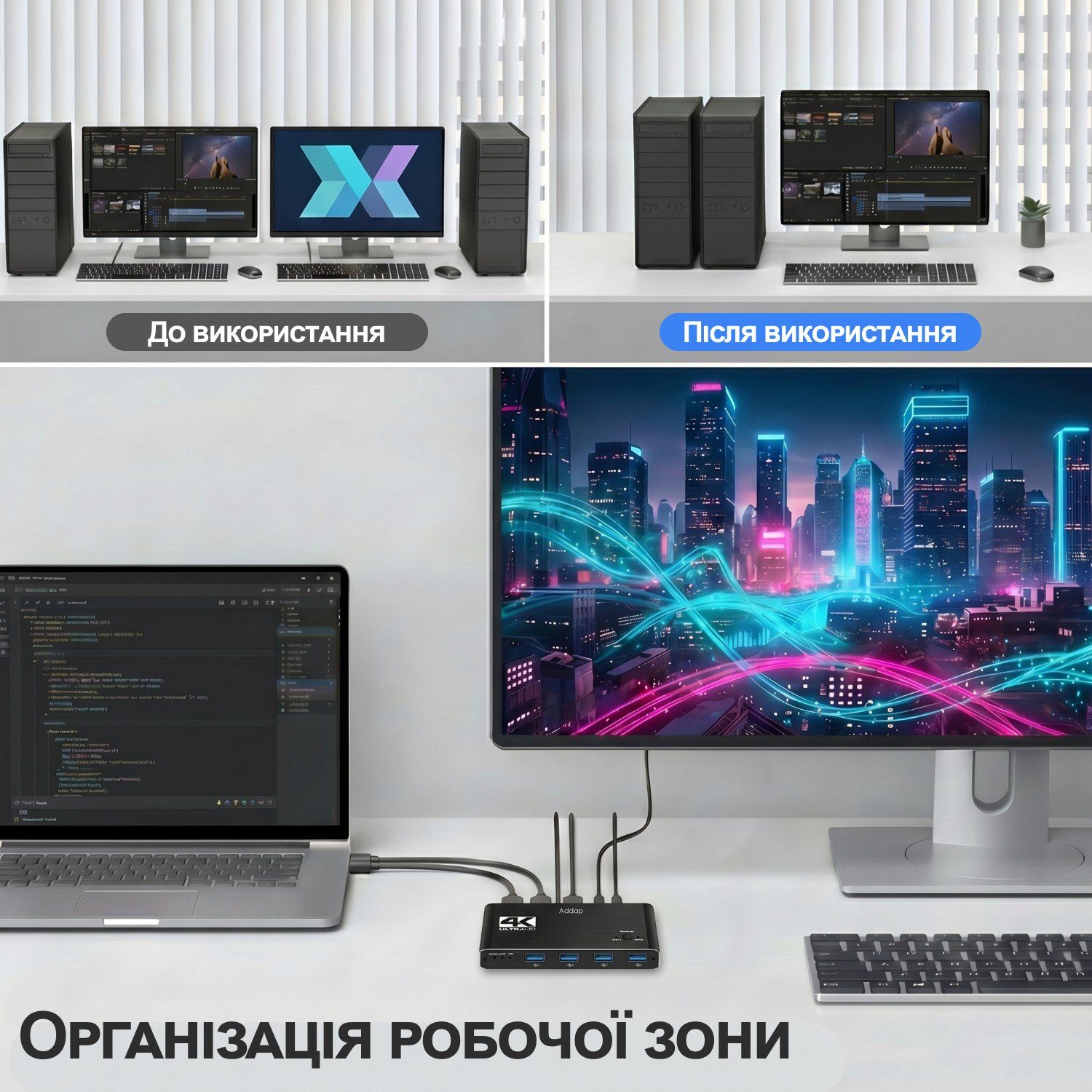 KVM Світч на 2 комп'ютери Addap KVMS-02 | USB Перемикач на 2 порти, HDMI, 4K, 60Гц 2