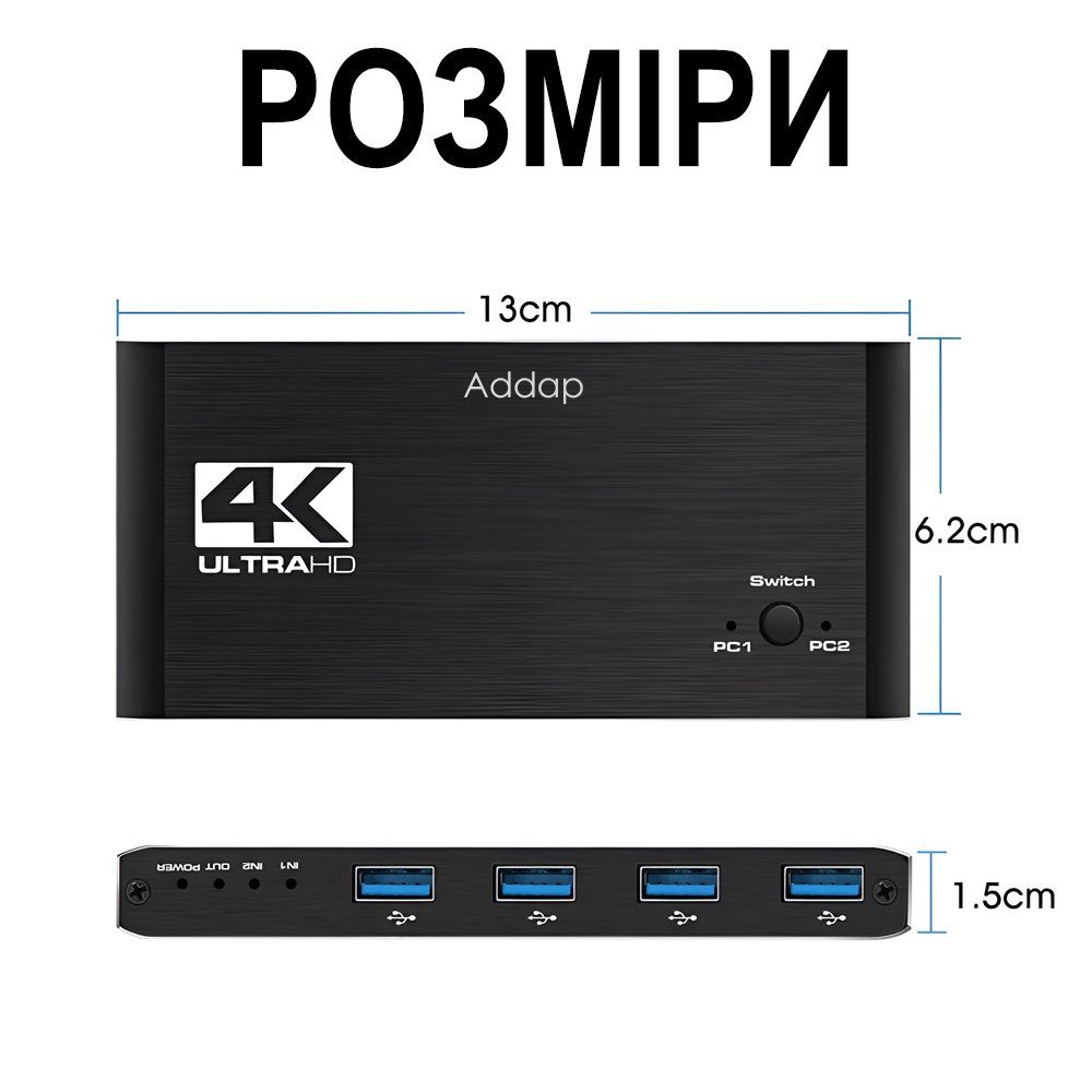 KVM Світч на 2 комп'ютери Addap KVMS-02 | USB Перемикач на 2 порти, HDMI, 4K, 60Гц 10