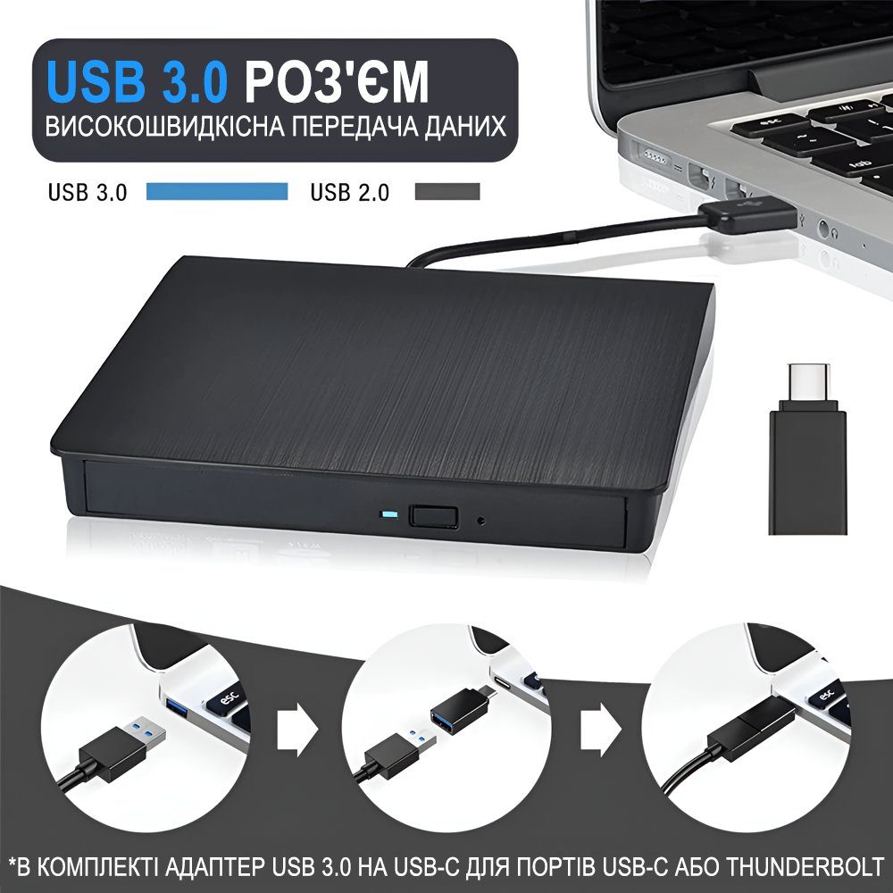 Зовнішній USB 3.0 + Type-C оптичний дископривід Addap EDB-02, портативний дисковод для комп’ютера, ноутбука, макбука | зчитувач CD-RW, DVD-RW, DVD-RAM, DVD-ROM 2