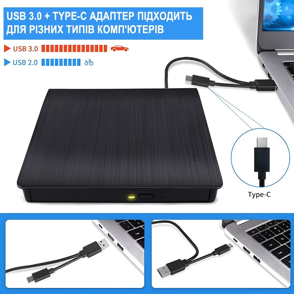 Зовнішній USB 3.0 + Type-C оптичний дископривід Addap EDB-02, портативний дисковод для комп’ютера, ноутбука, макбука | зчитувач CD-RW, DVD-RW, DVD-RAM, DVD-ROM 3