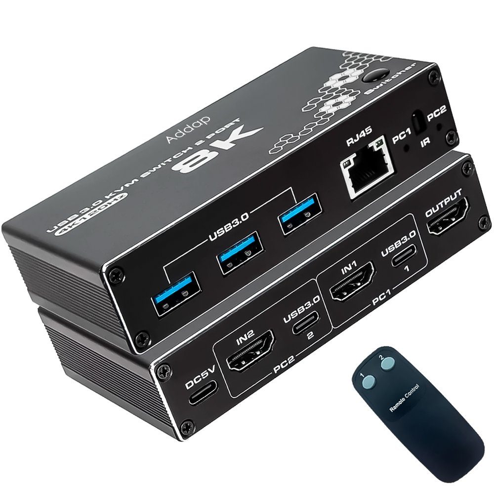 8K HDMI KVM Світч на 2 комп'ютери Addap KVMS-03 | USB 3.0 Перемикач на 2 порти, RJ45 Ethernet, 8K 30Hz, 4K 120Hz