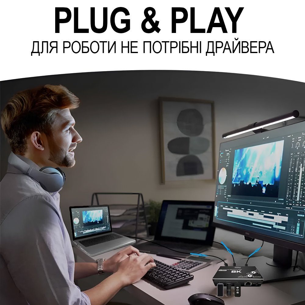 8K HDMI KVM Світч на 2 комп'ютери Addap KVMS-03 | USB 3.0 Перемикач на 2 порти, RJ45 Ethernet, 8K 30Hz, 4K 120Hz 2