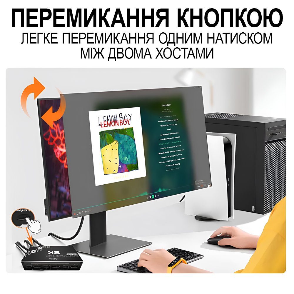 8K HDMI KVM Світч на 2 комп'ютери Addap KVMS-03 | USB 3.0 Перемикач на 2 порти, RJ45 Ethernet, 8K 30Hz, 4K 120Hz 3