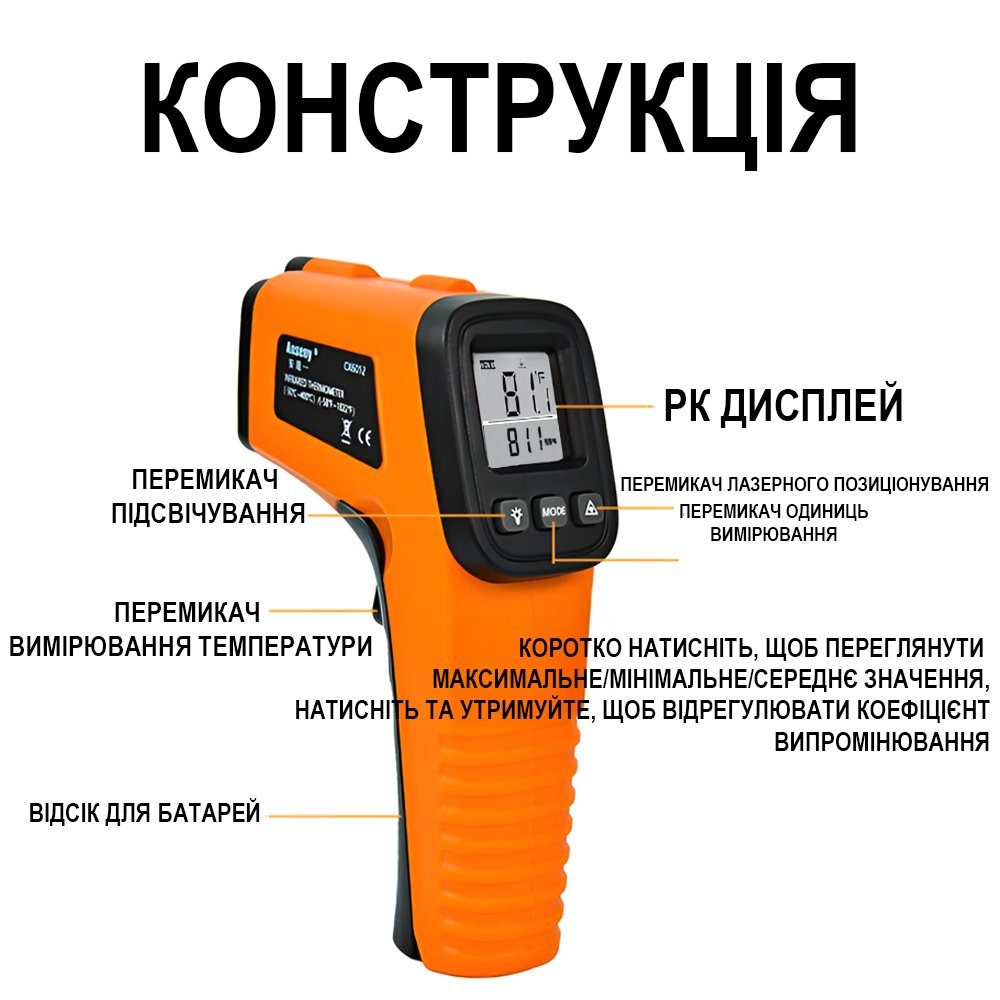 Безконтактний інфрачервоний пірометр Digital Lion CX6013, промисловий термометер з лазерним прицілом та підсвіткою екрану, -50~550°C 12