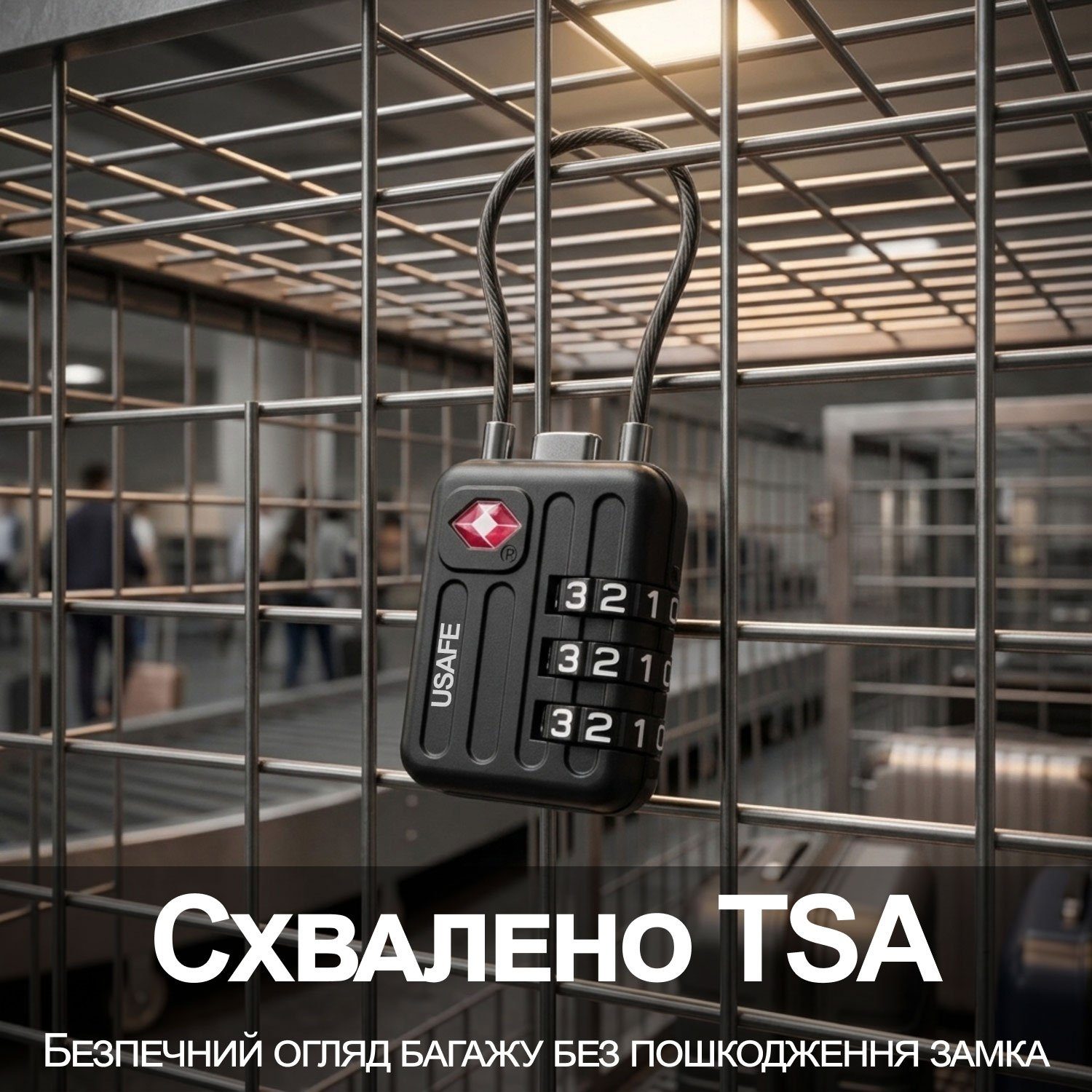 Замок підвісний для багажу з гнучким тросом USafe CP-06-TSA, зі змінним 3-значним кодом та підтримкою TSA ключа 8