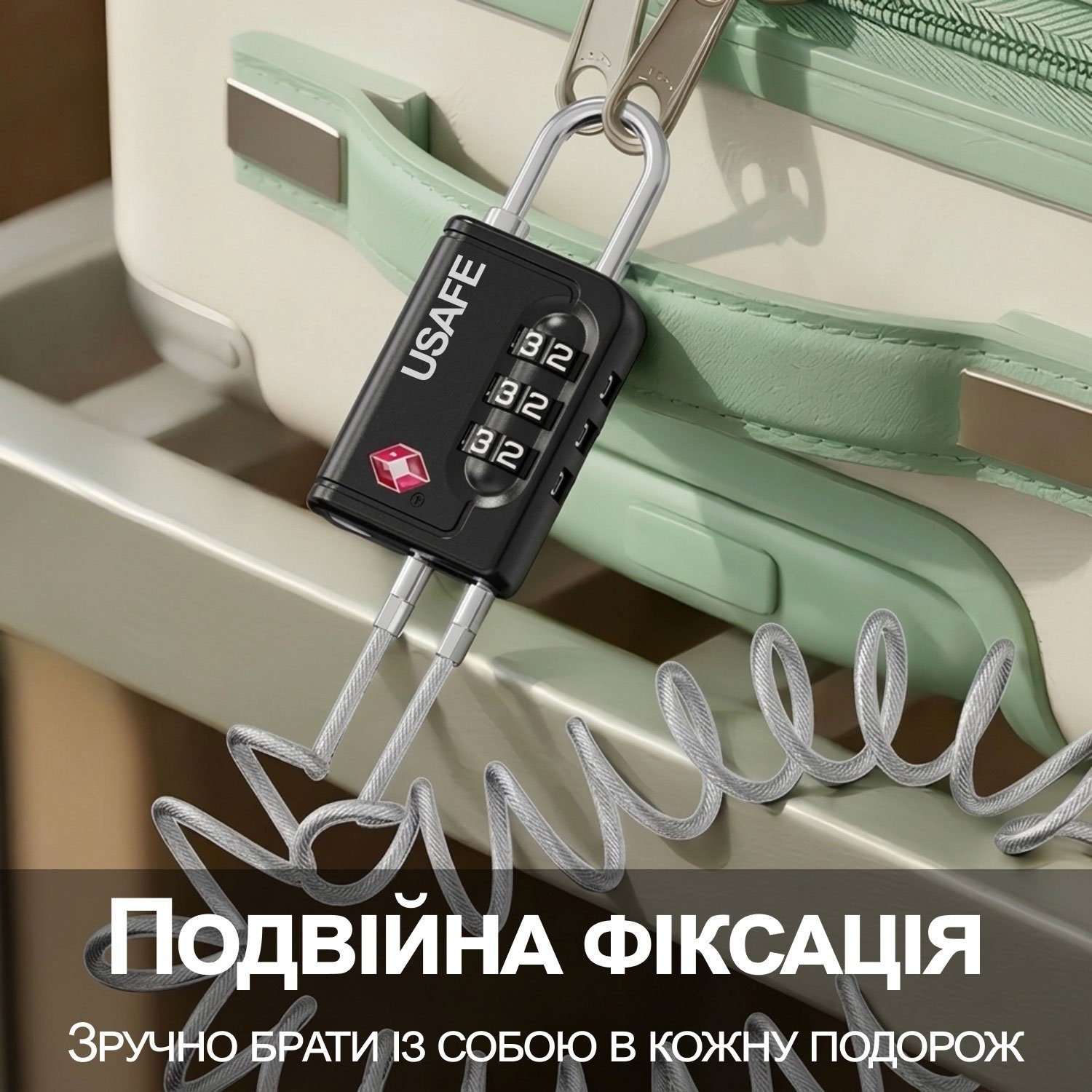 Підвісний замок для багажу з гнучким тросом USafe CP-05-TSA, зі змінним 3-значним кодом та підтримкою TSA ключа 4