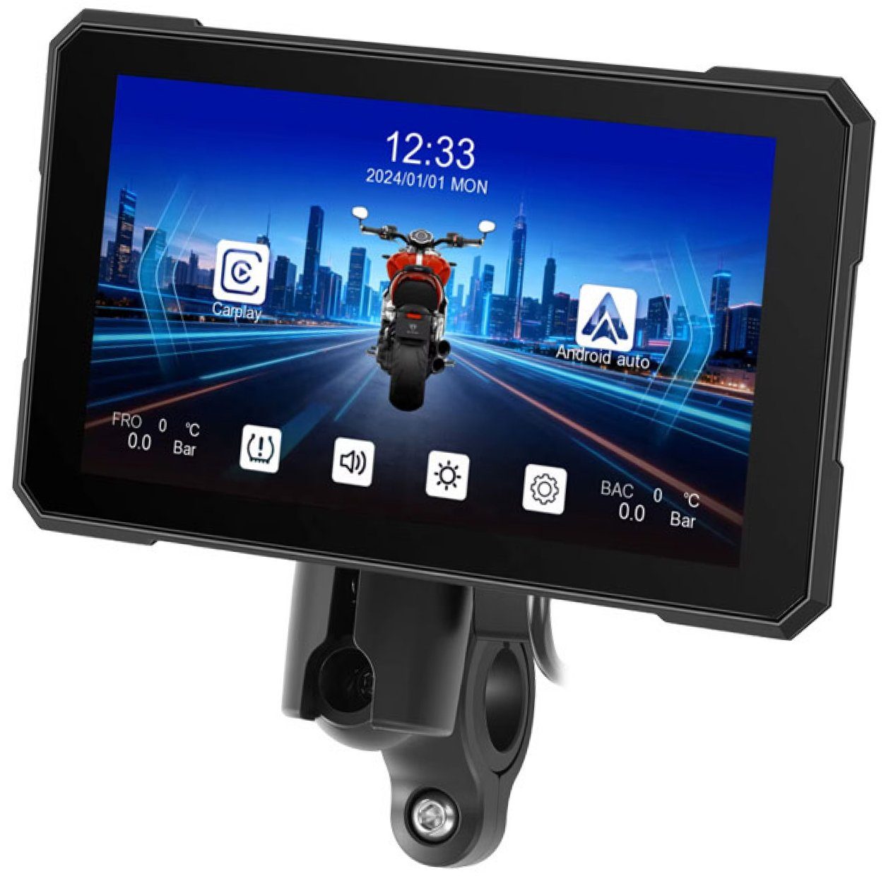 Бездротовий CarPlay & Android Auto монітор для мотоцикла 5" Podofo A4491, навігатор, Bluetooth, TPMS, IP67, пульт на кермо