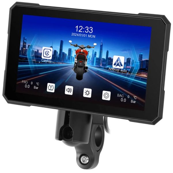 Бездротовий CarPlay & Android Auto монітор для мотоцикла 5" Podofo A4491, навігатор, Bluetooth, TPMS, IP67, пульт на кермо