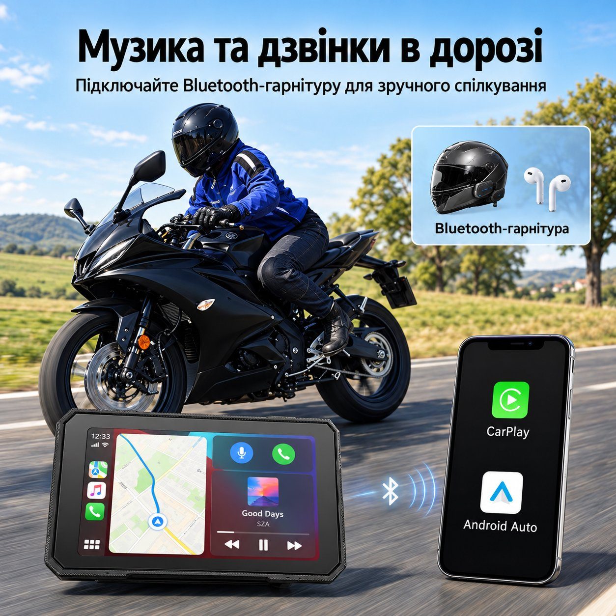 Бездротовий CarPlay & Android Auto монітор для мотоцикла 5" Podofo A4491, навігатор, Bluetooth, TPMS, IP67, пульт на кермо 3