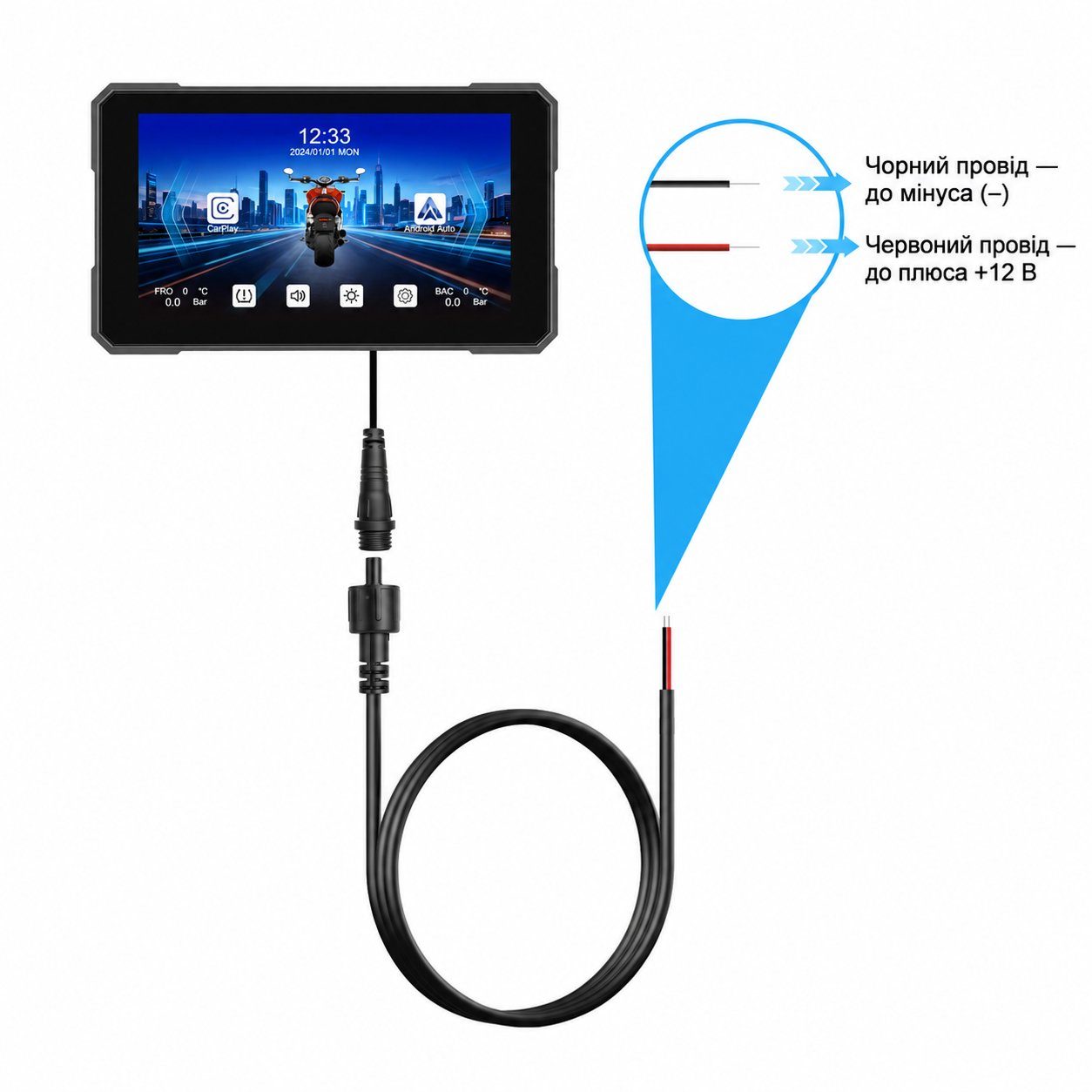 Бездротовий CarPlay & Android Auto монітор для мотоцикла 5" Podofo A4491, навігатор, Bluetooth, TPMS, IP67, пульт на кермо 12