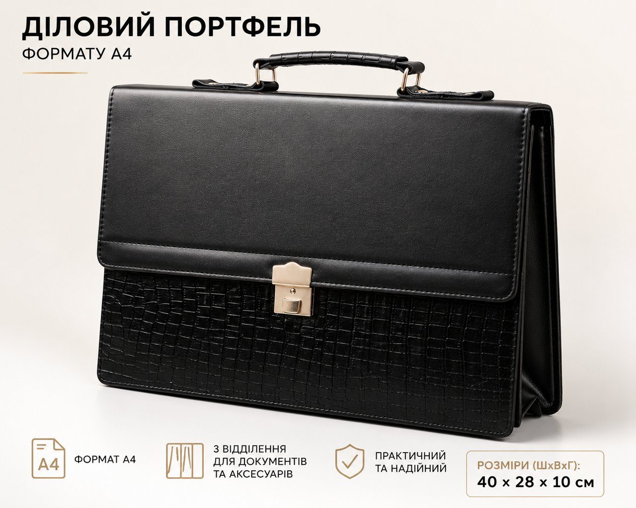 Портфель чоловічий Portfolio A4 із штучної шкіри чорний | Ділова сумка для документів | 40×28×6–12 см