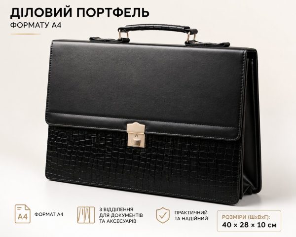 Портфель чоловічий Portfolio A4 із штучної шкіри чорний | Ділова сумка для документів | 40×28×6–12 см
