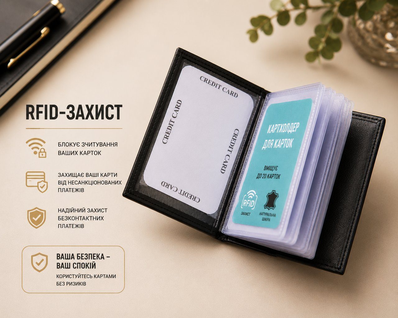 Шкіряний картхолдер, чохол для платіжних карток із захистом RFID Dugros чорний 2